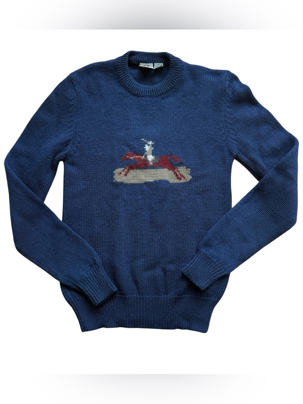 Vintage J.G. Hook Equestrian Horse Rider Wool Sweater Navy Blue M Prep Old Money